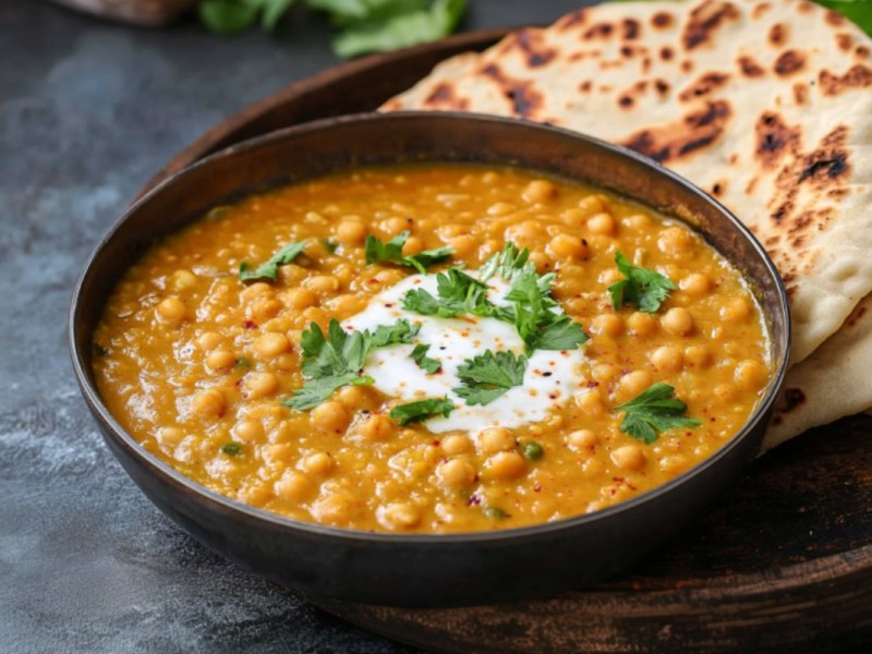 Eine SchÃ¼ssel veganes Kichererbsen-Dal mit Naan-Brot.