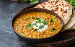 Eine Schüssel veganes Kichererbsen-Dal mit Naan-Brot.