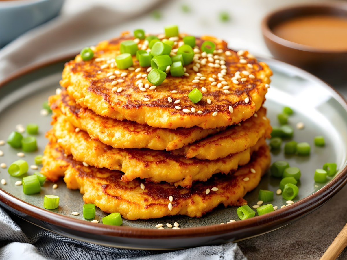 Vier Kimchi-Pancakes liegen aufeinandergeschichtet auf einem Teller. Sie sind mit FrÃ¼hlingszwiebeln und Sesamsamen Ã¼berstreut.