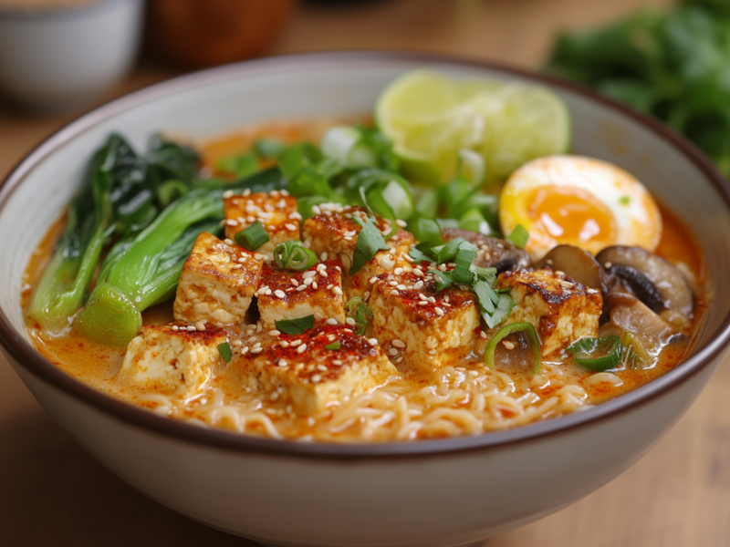 Eine SchÃ¼ssel voll Kokos-Curry-Ramen mit TofuwÃ¼rfeln, Pak Choi, Pilzen und weichgekochtem Ei, garniert mit FrÃ¼hlingszwiebeln, Sesam und Limette. Die SchÃ¼ssel steht auf einer Holzplatte. Im Hintergrund kann man verschwommen frische KrÃ¤uter und kleine Schalen erkennen.