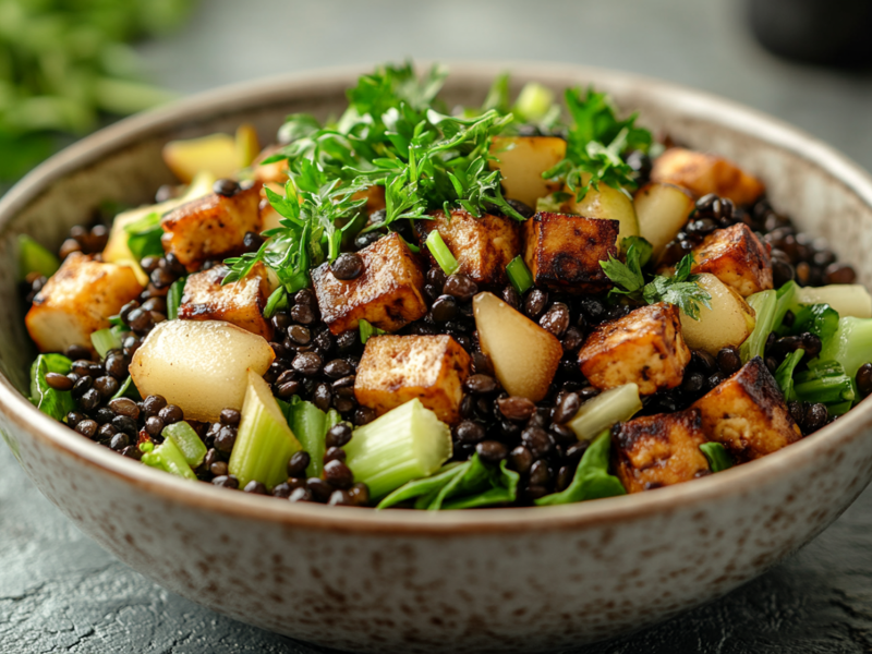 Eine hellbraune KeramikschÃ¼ssel mit Linsensalat mit RÃ¤uchertofu und Birne, der mit frischem Kerbel garniert ist. Im Hintergrund sind verschwommen frische KrÃ¤uter zu sehen. Die SchÃ¼ssel mit dem Salat steht auf einem dunklen Untergrund.