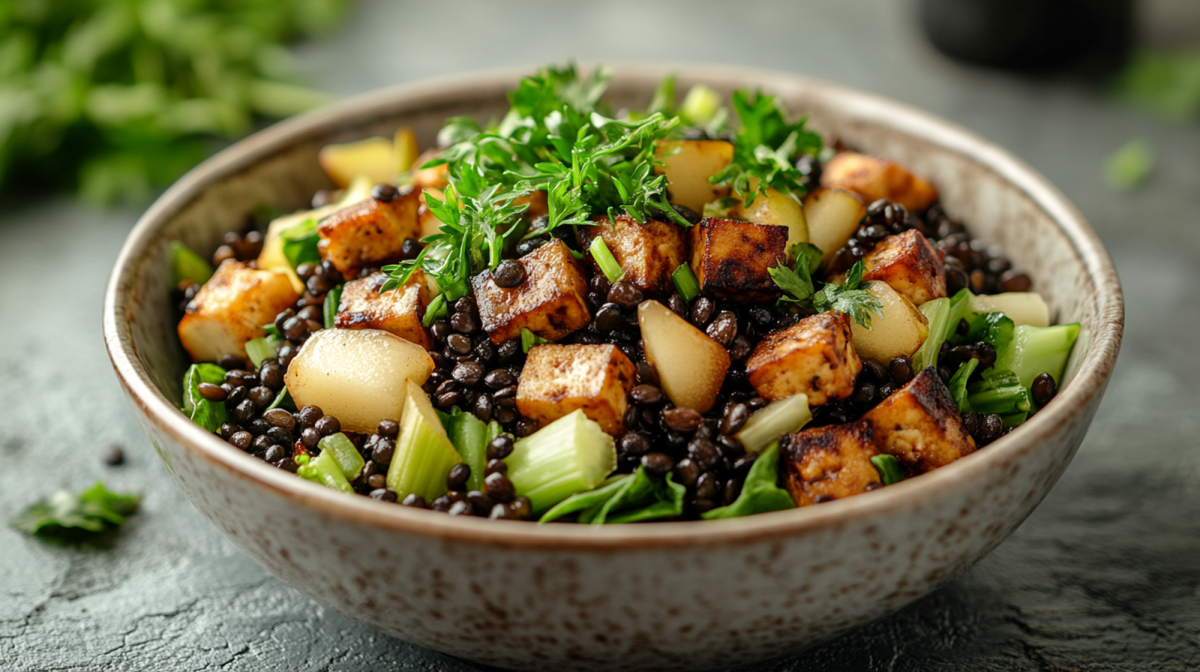 Eine hellbraune KeramikschÃ¼ssel mit Linsensalat mit RÃ¤uchertofu und Birne, der mit frischem Kerbel garniert ist. Im Hintergrund sind verschwommen frische KrÃ¤uter zu sehen. Die SchÃ¼ssel mit dem Salat steht auf einem dunklen Untergrund.