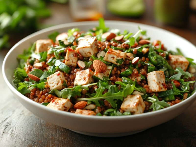 Eine Schüssel veganer Linsensalat mit Tofu.