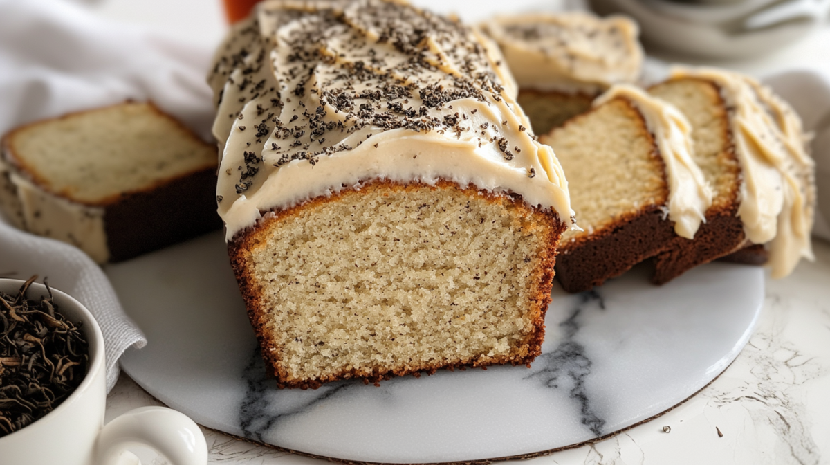 Ein London Fog Cake mit hellem ButterfrischkÃ¤se-Frosting und Earl Grey Tee bestreut. Der Kuchen ist kastenfÃ¶rmig und liegt angeschnitten auf einer Marmorplatte. Rechts daneben liegen ein paar weitere Scheiben London Fog Cake. Links auch eine Scheibe. AuÃŸerdem ist in der linken unteren Bildecke eine Tasse mit Earl Grey Teemischung zu sehen.