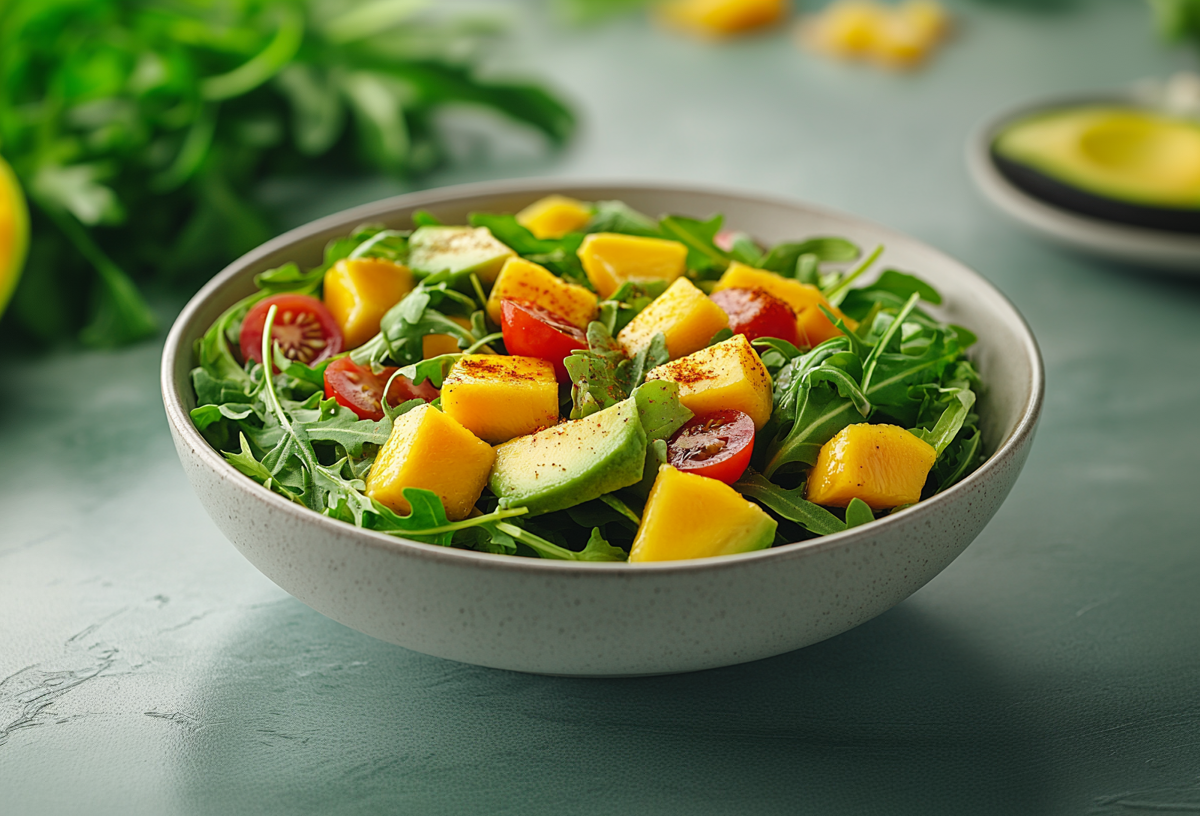 Eine Schale mit Mango-Avocadosalat steht auf grauem Untergrund. Im Salat befinden sich MangostÃ¼cke, AvocadostÃ¼ck, halbierte kleine Tomaten sowie RucolablÃ¤tter. Im Hintergrund links liegt eine aufgeschnittene Mango und mehr Rucola. Hinten rechts liegt eine halbierte Avocado ohne Kern auf einem kleinen Teller