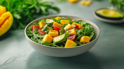 Eine Schale mit Mango-Avocadosalat steht auf grauem Untergrund. Im Salat befinden sich Mangostücke, Avocadostück, halbierte kleine Tomaten sowie Rucolablätter. Im Hintergrund links liegt eine aufgeschnittene Mango und mehr Rucola. Hinten rechts liegt eine halbierte Avocado ohne Kern auf einem kleinen Teller