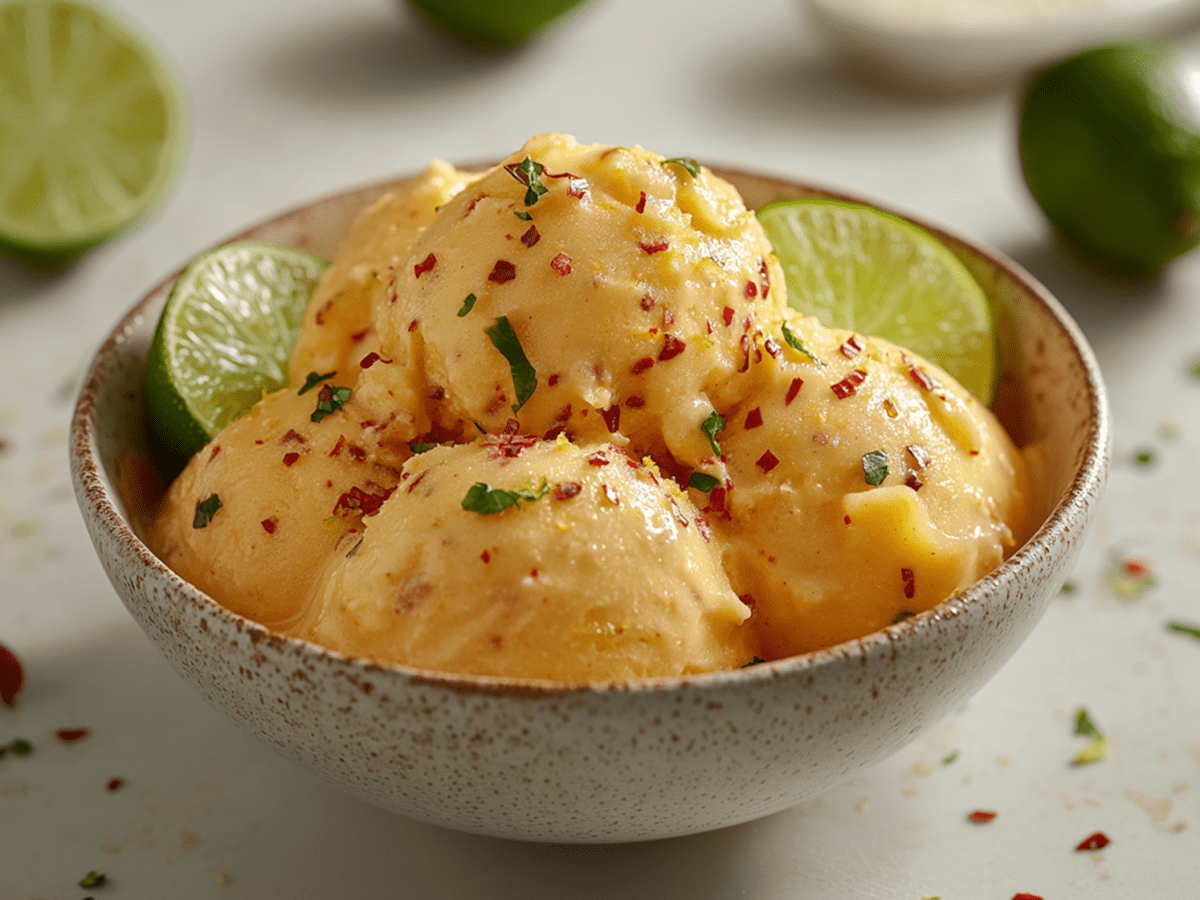 Eine helle Keramikschüssel mit einigen Kugeln Mango-Limetten-Sorbet mit Chili, die mit Chiliflocken, Limettenabrieb und Limettenstücken angerichtet sind. Die Schüssel steht auf einem hellen Untergrund. Ringsum liegen Chiliflocken und Abrieb sowie eine einzelne Chilischote und Limetten verteilt.