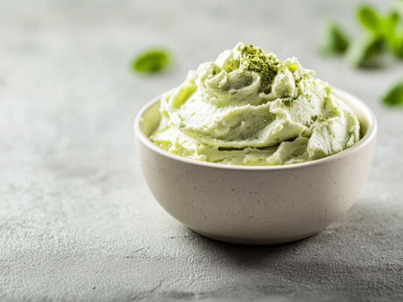 Eine kleine Schale mit cremigem Matcha-Aufstrich bestreut mit einer kleinen Prise Matcha-Pulver. Im Hintergrund sind verschwommen ein paar grÃ¼ne BlÃ¤ttchen zu erkennen. Die Schale steht auf hellem Untergrund.