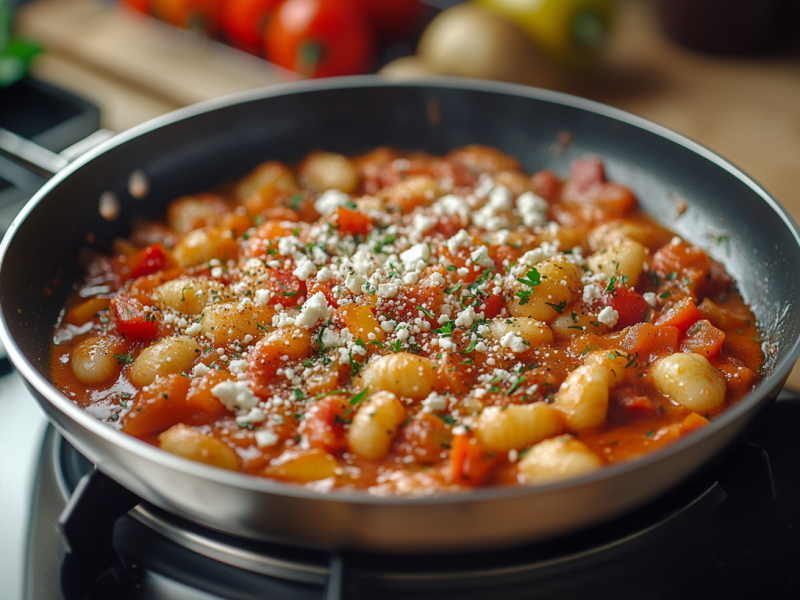 Mediterrane Gnocchi-Pfanne mit Paprika und cremiger TomatensoÃŸe, bestreut mit Feta. Die Pfanne steht auf einer Herdplatte.