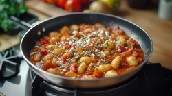 Mediterrane Gnocchi-Pfanne mit Paprika und cremiger Tomatensoße, bestreut mit Feta. Die Pfanne steht auf einer Herdplatte.