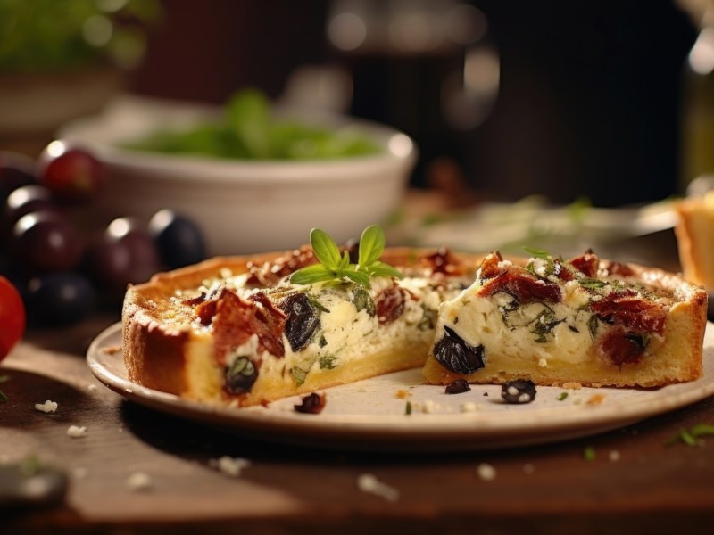 Mediterrane Quiche steht auf einem weiÃŸen Teller auf einem dunkelbraunen Holztisch. Die Quiche ist mit getrockneten Tomaten, schwarzen Oliven und Feta gefÃ¼llt. Im Hintergrund liegen frische Tomaten, schwarze Oliven und eine SchÃ¼ssel mit Salat.