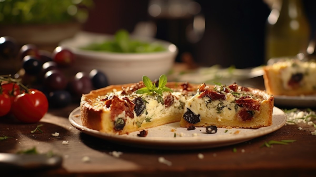 Mediterrane Quiche steht auf einem weiÃŸen Teller auf einem dunkelbraunen Holztisch. Die Quiche ist mit getrockneten Tomaten, schwarzen Oliven und Feta gefÃ¼llt. Im Hintergrund liegen frische Tomaten, schwarze Oliven und eine SchÃ¼ssel mit Salat.