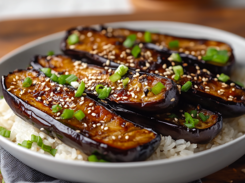 Miso-Auberginen in einer SchÃ¼ssel mit Reis.