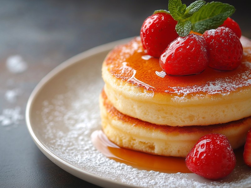 Ein Teller mit zwei Muffin-Pancakes aus der HeiÃŸluftfritteuse, garniert mit Ahornsirup und frischen Erdbeeren.