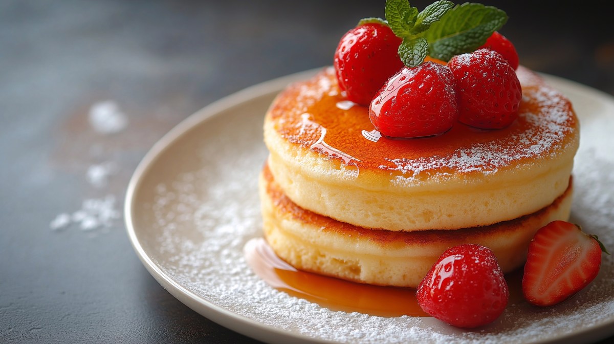 Ein Teller mit zwei Muffin-Pancakes aus der HeiÃŸluftfritteuse, garniert mit Ahornsirup und frischen Erdbeeren.