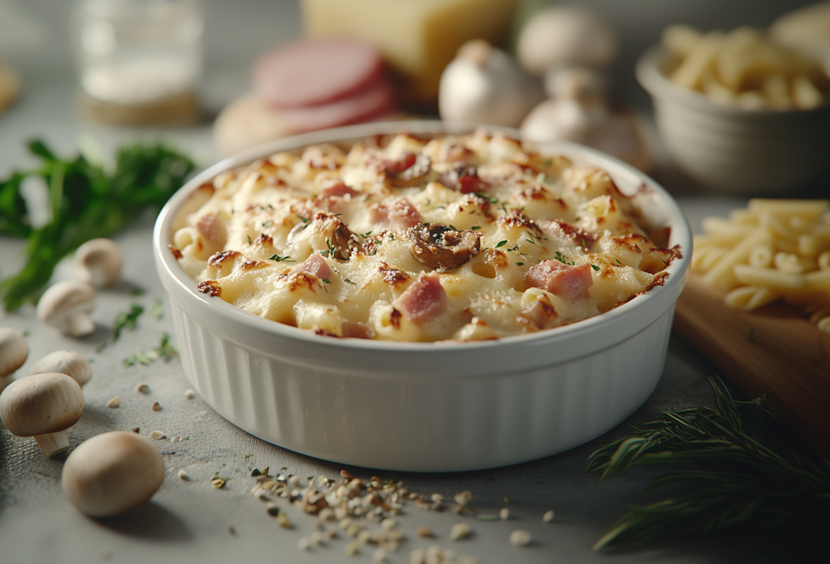 Nudel-Schinken-Gratin mit Pilzen in runder Auflaufform, drumherum Zutaten wie Champignons und rohe Nudeln.