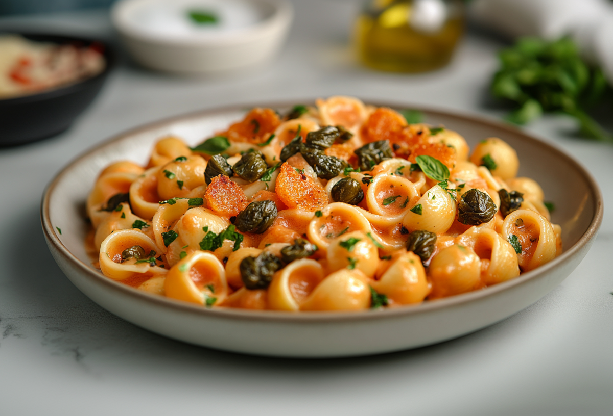 Ein Teller Nudeln mit Knoblauch-Paprika-SoÃŸe, Tomaten, Basilikum und Kapern. Im Hintergrund unscharf einige Zutaten in SchÃ¼sseln.