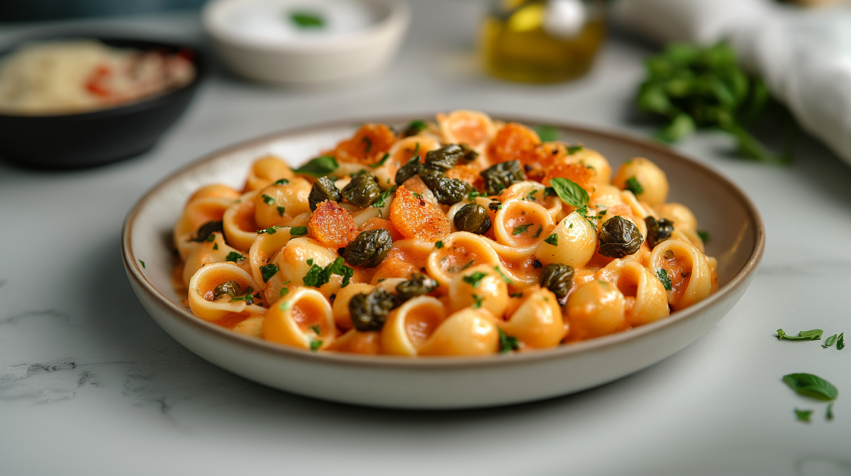 Ein Teller Nudeln mit Knoblauch-Paprika-Soße, Tomaten, Basilikum und Kapern. Im Hintergrund unscharf einige Zutaten in Schüsseln.