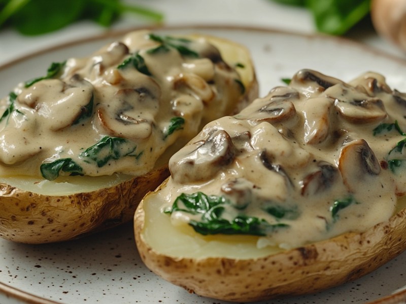 Teller mit zwei HÃ¤lften einer Ofenkartoffel mit Champignon-Spinat-FÃ¼llung