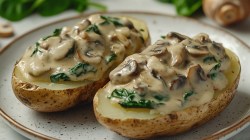 Teller mit zwei Hälften einer Ofenkartoffel mit Champignon-Spinat-Füllung