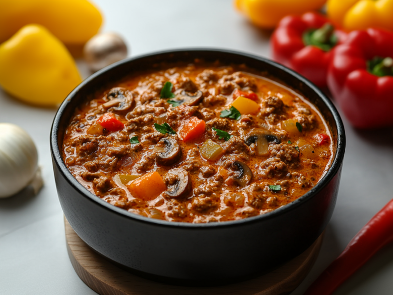 Eine SchÃ¼ssel Paprikatopf mit Hackfleisch und Pilzen, drumherum einige frische Zutaten.