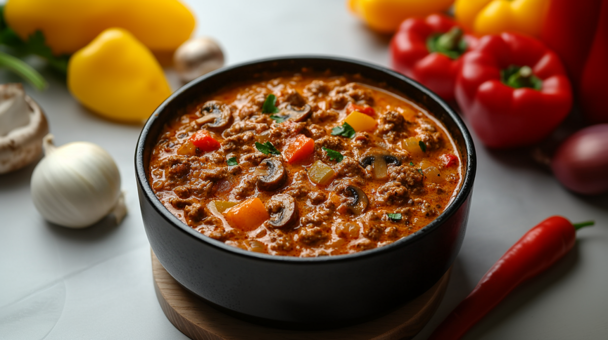 Eine SchÃ¼ssel Paprikatopf mit Hackfleisch und Pilzen, drumherum einige frische Zutaten.