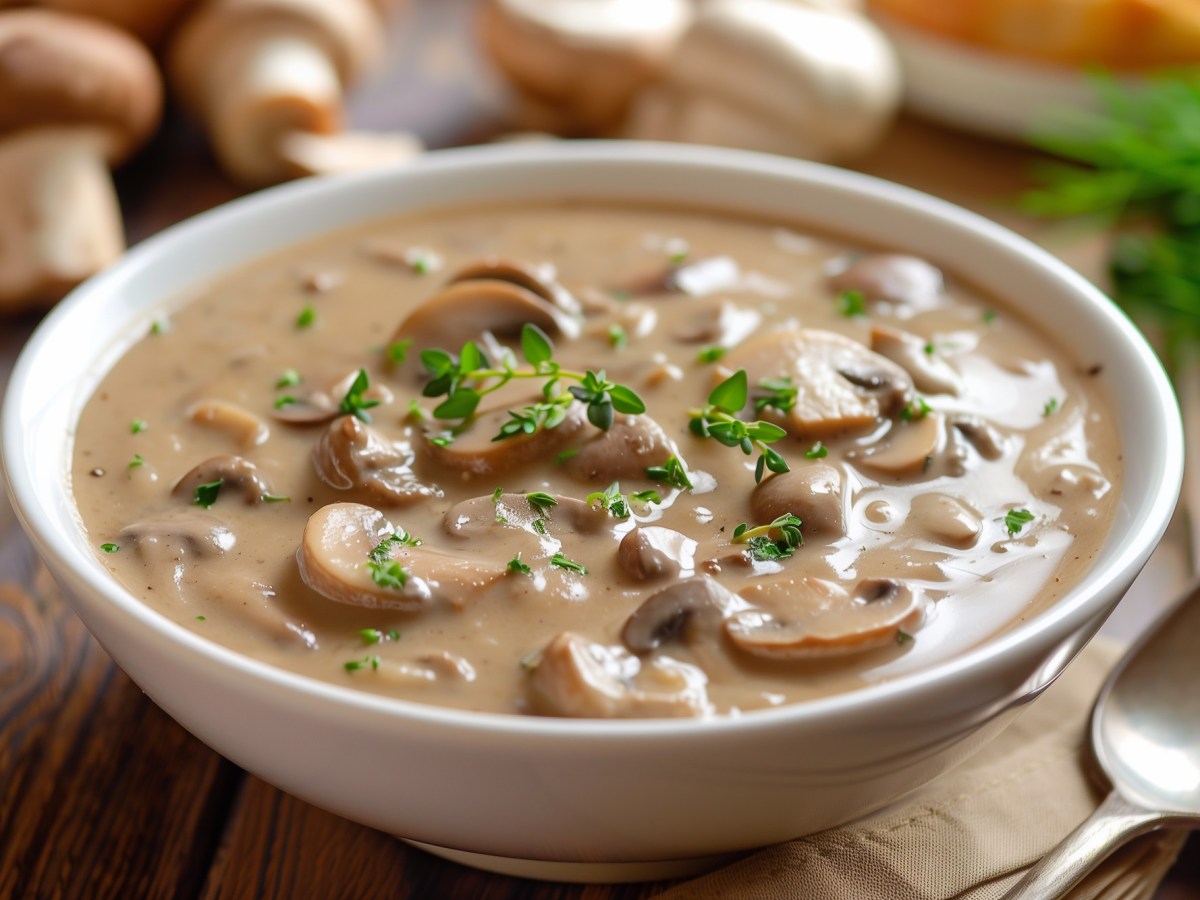 Eine Schüssel voll cremigem Pilzeintopf mit weißen Bohnen, garniert mit frischen Kräutern. Daneben ein Löffel. Im Hintergrund kann man Champignons und anderes Gemüse auf dem Holztisch erkennen.