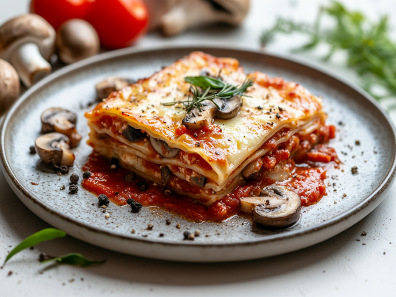 Ein StÃ¼ck Pilzlasagne mit Lauch und TomatensoÃŸe auf einem Teller, im Hintergrund unscharf einige Zutaten.