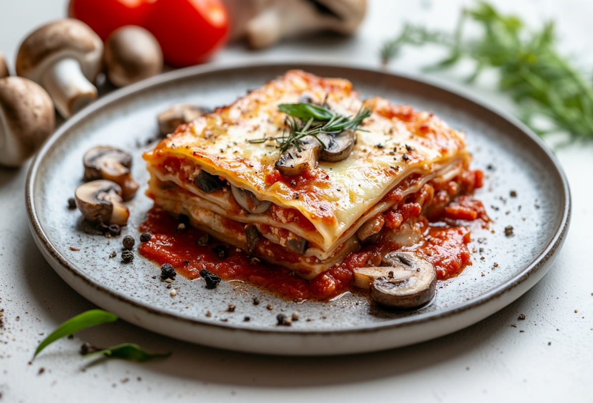 Ein Stück Pilzlasagne mit Lauch und Tomatensoße auf einem Teller, im Hintergrund unscharf einige Zutaten.