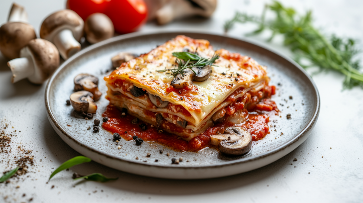 Ein StÃ¼ck Pilzlasagne mit Lauch und TomatensoÃŸe auf einem Teller, im Hintergrund unscharf einige Zutaten.