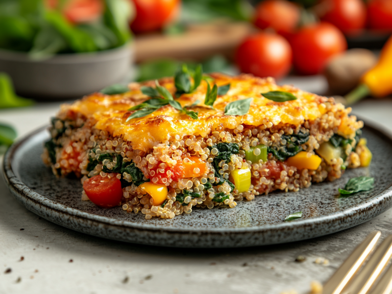 Ein herausgetrenntes StÃ¼ck Quinoa-GemÃ¼seauflauf steht auf einem grauen Teller. In dem Auflauf sind Tomaten, Spinat, Lauch, gelbe Paprika und Quinoa verarbeitet.