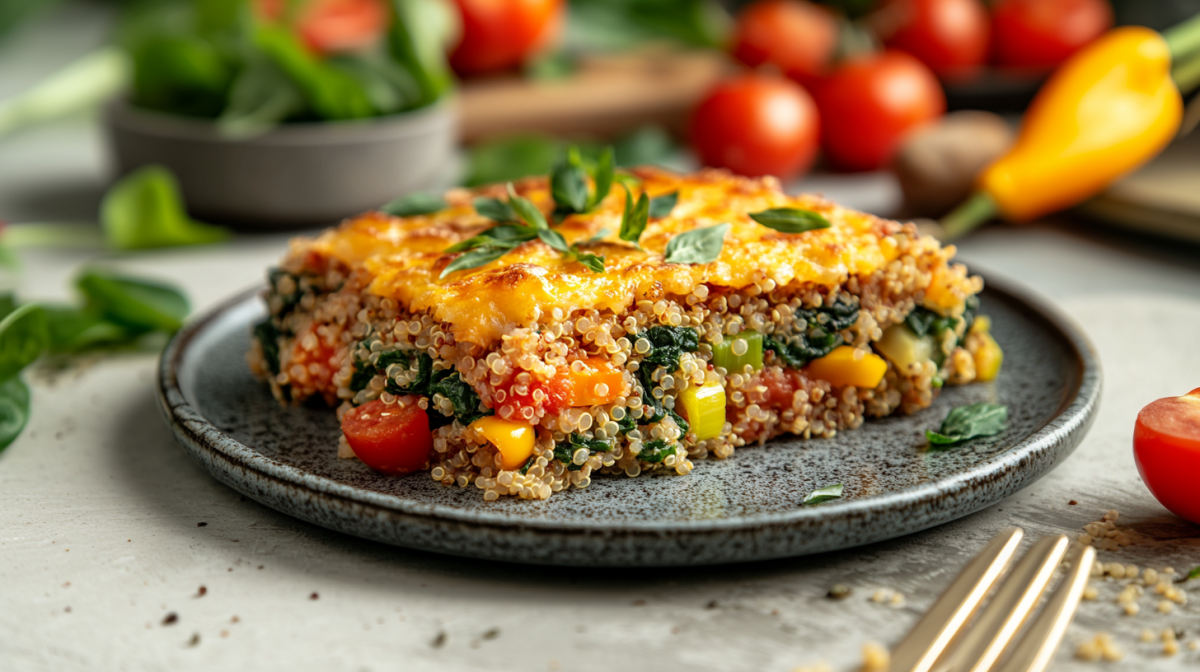 Ein herausgetrenntes StÃ¼ck Quinoa-GemÃ¼seauflauf steht auf einem grauen Teller. In dem Auflauf sind Tomaten, Spinat, Lauch, gelbe Paprika und Quinoa verarbeitet.