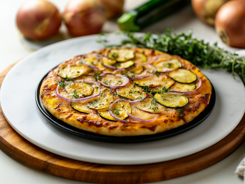 Raclette-Pizza mit Zucchini, Zwiebel und Kartoffeln belegt und mit KrÃ¤utern bestreut. Drumherum einige Zutaten.