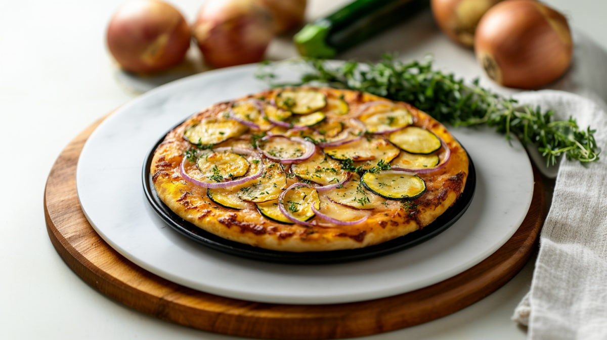 Raclette-Pizza mit Zucchini, Zwiebel und Kartoffeln belegt und mit KrÃ¤utern bestreut. Drumherum einige Zutaten.