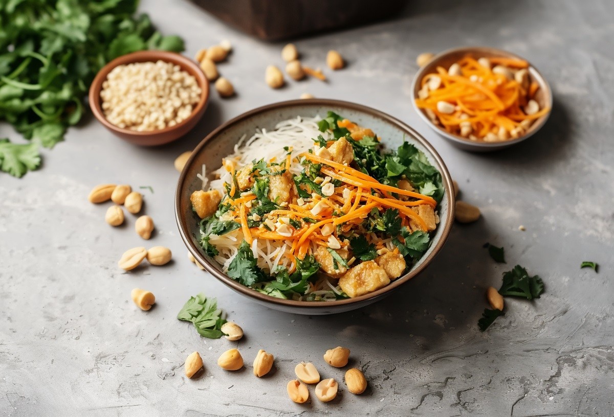 Eine Schale frischer Reisnudelsalat steht in der Mitte des Bildes. Er ist aus Reisnudeln, Karotten, Koriander, gebackenem Tofu und Erdnüssen zubereitet. Drumherum liegen weitere Erdnüsse sowie Koriander. Im Hintergrund steht eine Schale mit gehackten Erdnüssen und eine Schale mit geriebenen Möhren.