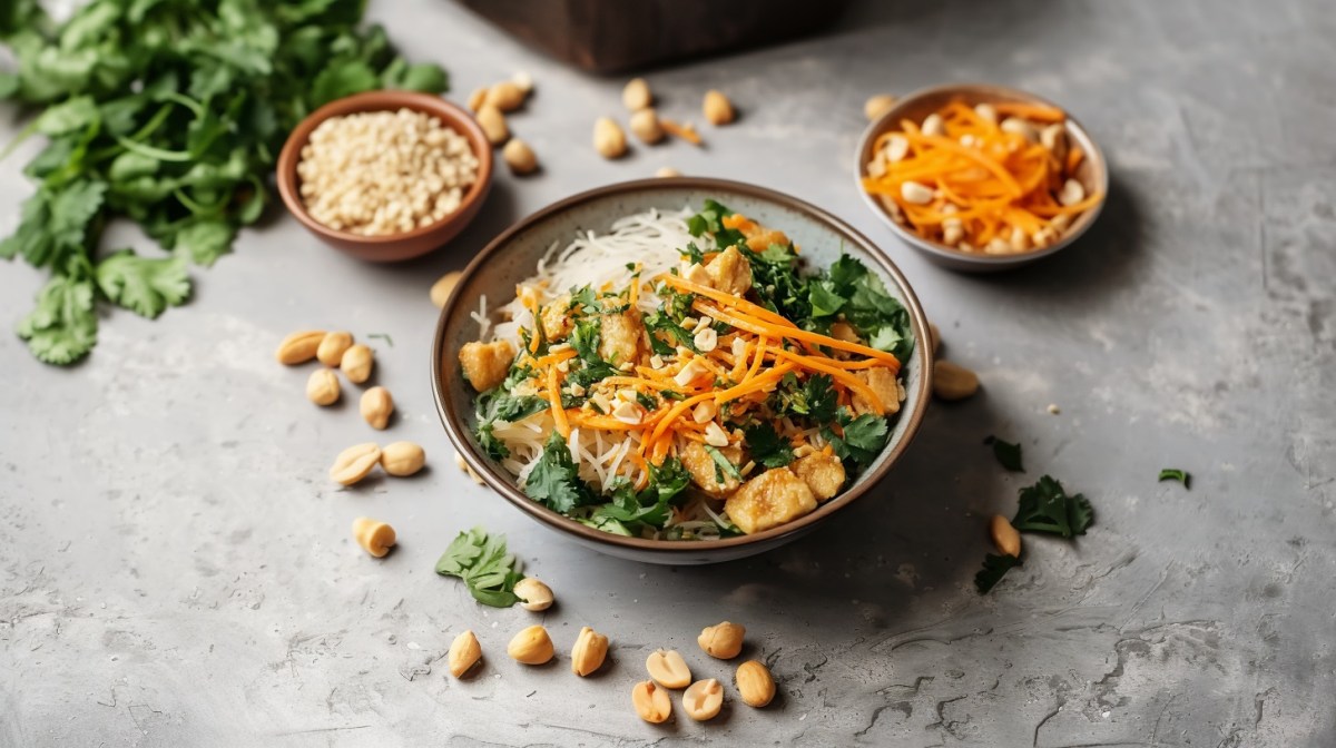 Eine Schale frischer Reisnudelsalat steht in der Mitte des Bildes. Er ist aus Reisnudeln, Karotten, Koriander, gebackenem Tofu und ErdnÃ¼ssen zubereitet. Drumherum liegen weitere ErdnÃ¼sse sowie Koriander. Im Hintergrund steht eine Schale mit gehackten ErdnÃ¼ssen und eine Schale mit geriebenen MÃ¶hren.