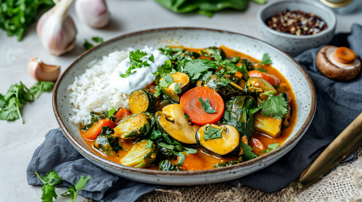 Ein groÃŸer Teller Rosenkohl-Curry mit Karotten, Spinat und Champignons, das mit Reis und einem Klecks Joghurt serviert wird. Garniert ist das Ganze mit frischem Koriander. Der Teller steht auf einer hellen Arbeitsplatte auf einem dunklen Tuch. Rings um den Teller liegt eine Knoblauchknolle, frischer Koriander, ein goldener LÃ¶ffel sowie ein einzelner Pilz. AuÃŸerdem kann man eine kleine Schale mit PfefferkÃ¶rnern und Blattspinat im Hintergrund erkennen.