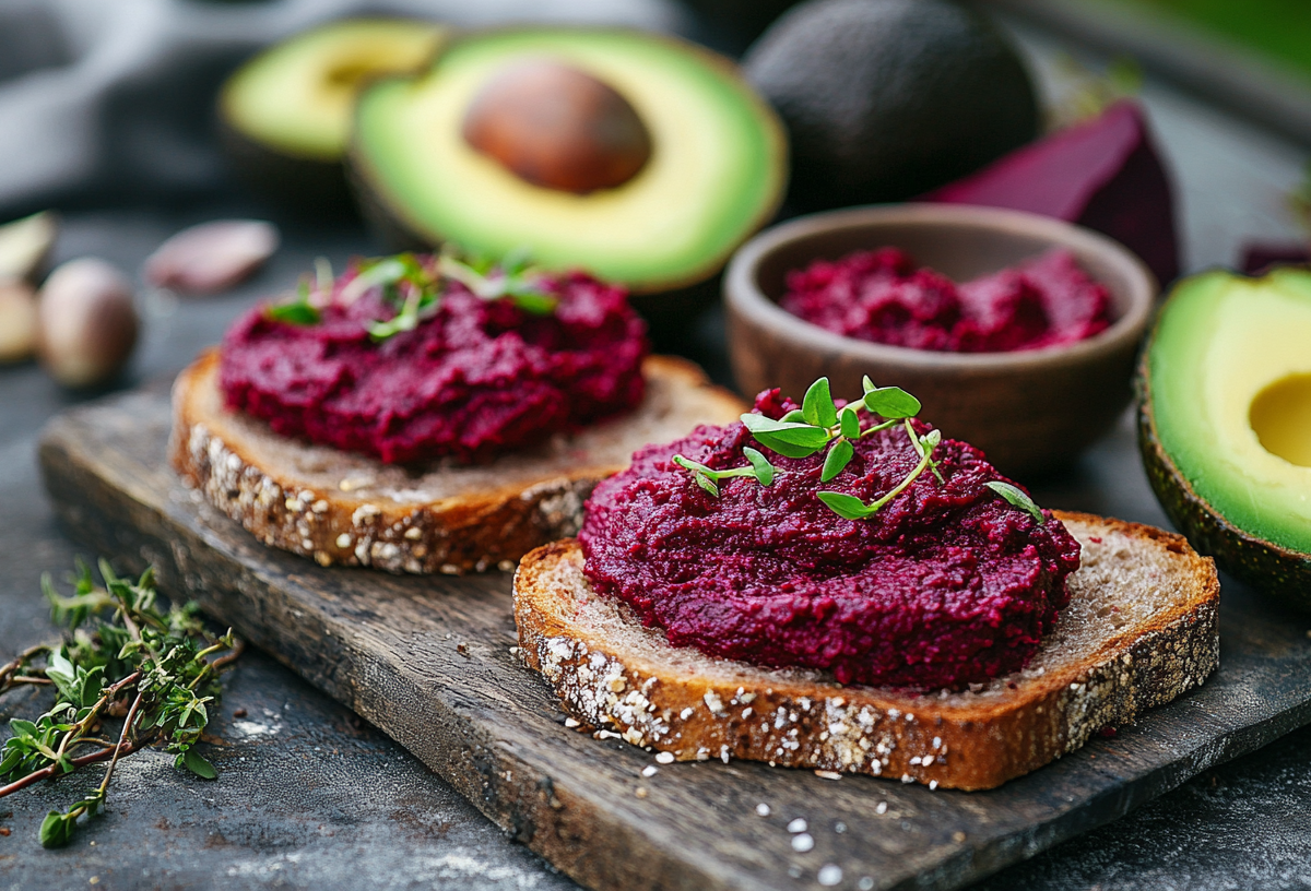 Zwei Brote mit Rote-Bete-Avocadodip liegen auf einem dunklen Holzbrett. Sie sind garniert mit frischen Kräutern, Im Hintergrund liegen aufgeschnittene Avocados und eine Schale mit Rote-Bete-Avocado-Dip.