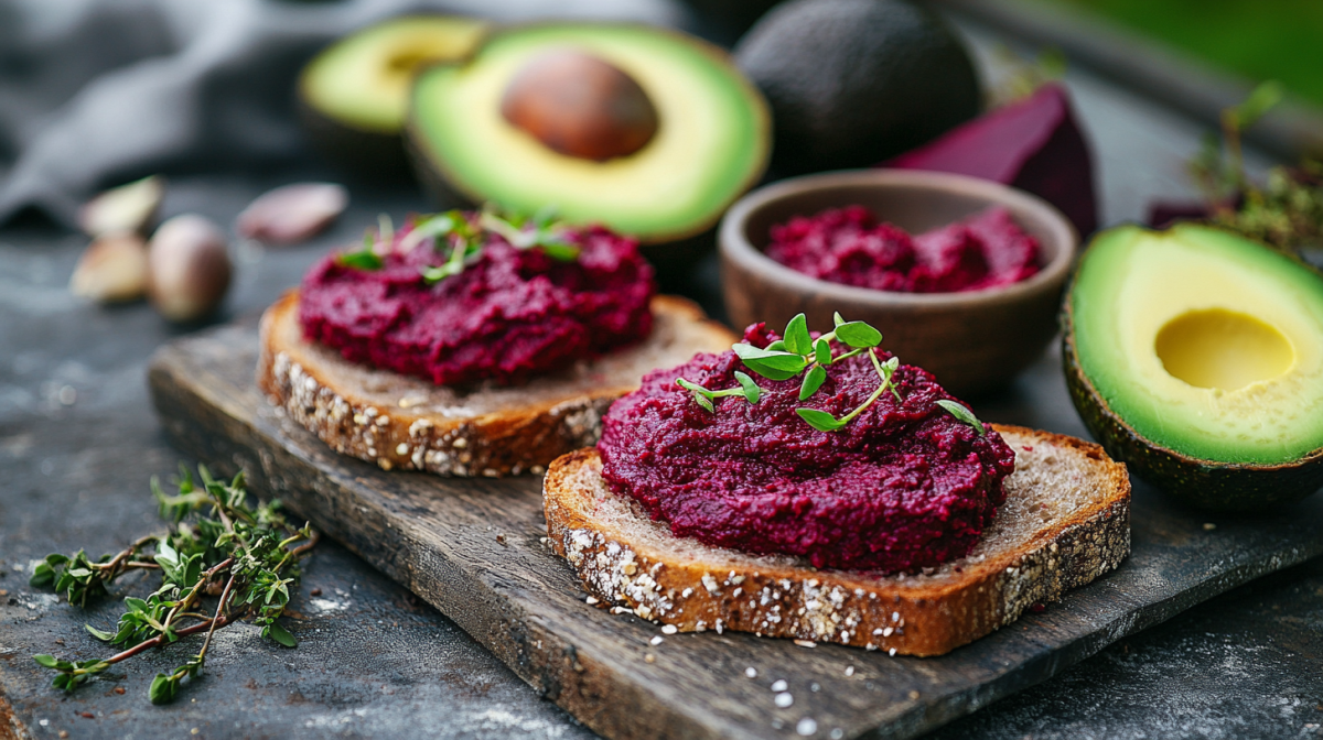 Zwei Brote mit Rote-Bete-Avocadodip liegen auf einem dunklen Holzbrett. Sie sind garniert mit frischen KrÃ¤utern, Im Hintergrund liegen aufgeschnittene Avocados und eine Schale mit Rote-Bete-Avocado-Dip.