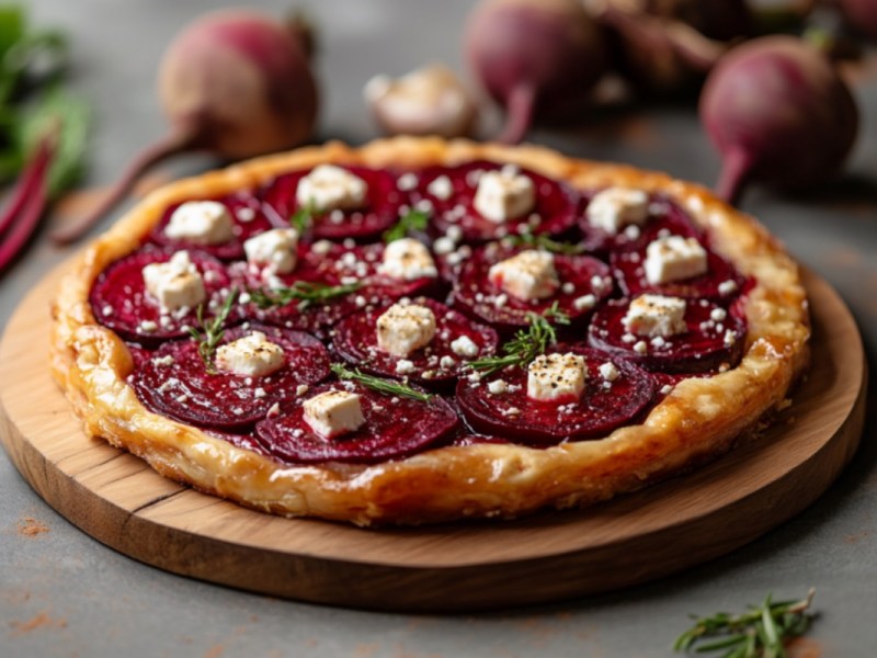 Eine vegane Rote-Bete-Tarte-Tatin auf einem runden Holzbrett.