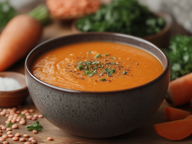 Eine SchÃ¼ssel Rote-Linsen-Karotten-Suppe.