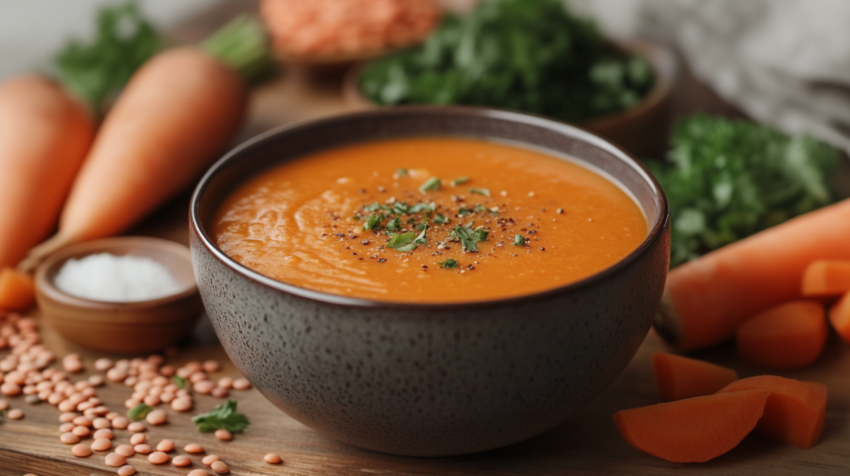 Eine SchÃ¼ssel Rote-Linsen-Karotten-Suppe.