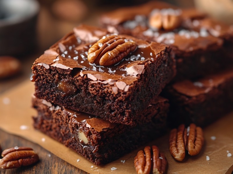 Salted-Caramel-Brownies mit Pekannüssen auf einem Holzbrett.