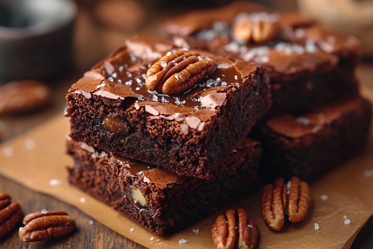 Salted-Caramel-Brownies mit Pekannüssen auf einem Holzbrett.