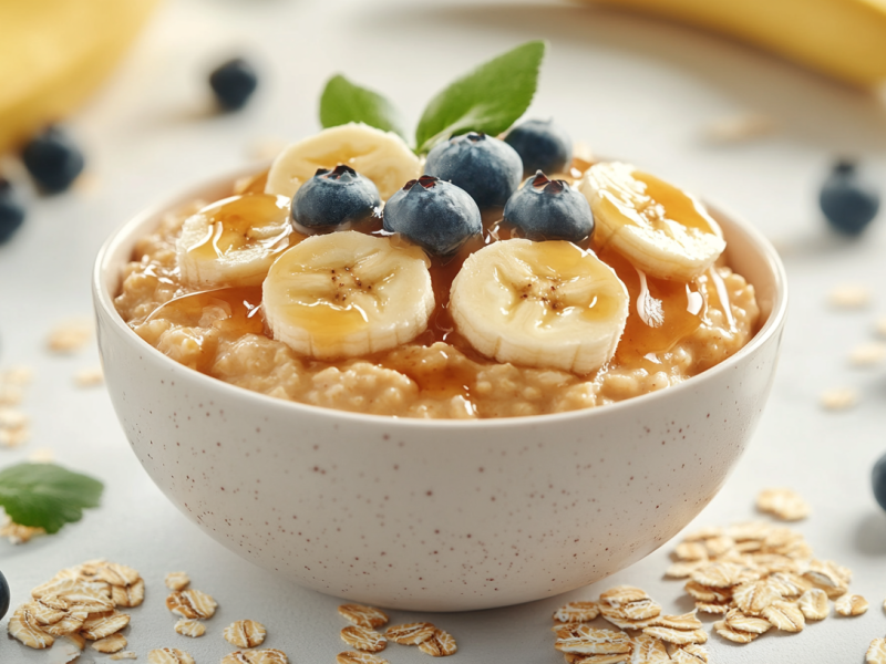 Eine SchÃ¼ssel Salted Caramel Porridge garniert mit Bananenscheiben und Blaubeeren, drumherum ein paar Bananen und Haferflocken.