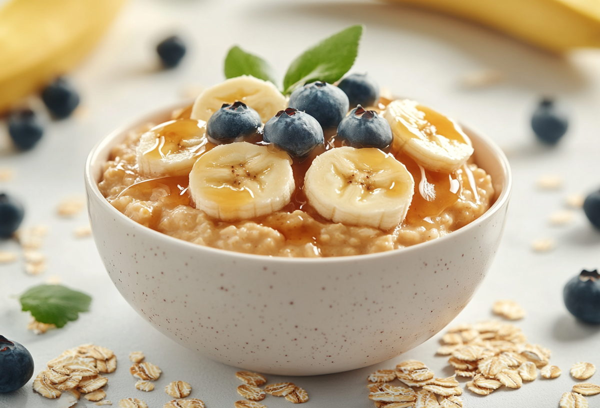 Eine Schüssel Salted Caramel Porridge garniert mit Bananenscheiben und Blaubeeren, drumherum ein paar Bananen und Haferflocken.