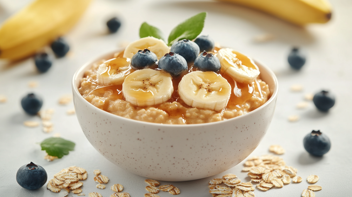 Eine SchÃ¼ssel Salted Caramel Porridge garniert mit Bananenscheiben und Blaubeeren, drumherum ein paar Bananen und Haferflocken.