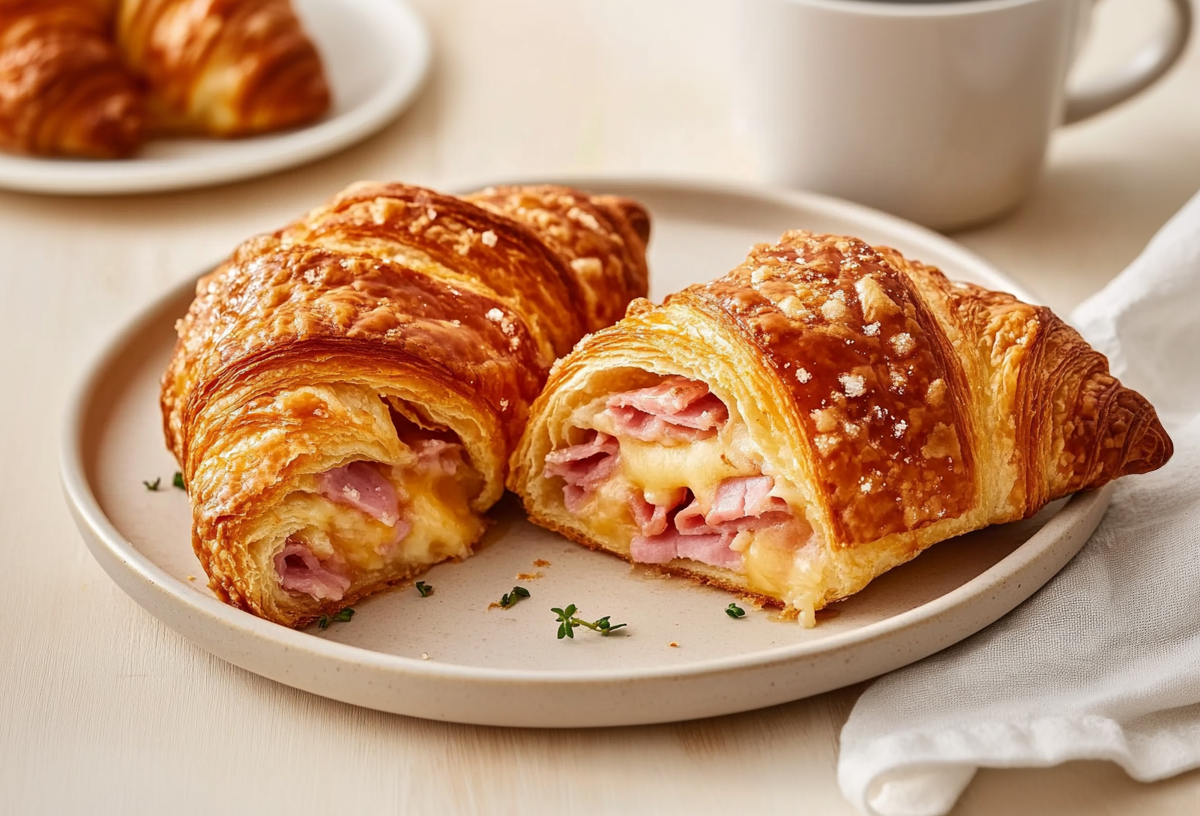 Ein Teller mit zwei Schinken-Käse-Croissants, im Hintergrund eine Tasse und ein Teller mit einem weiteren Croissant.