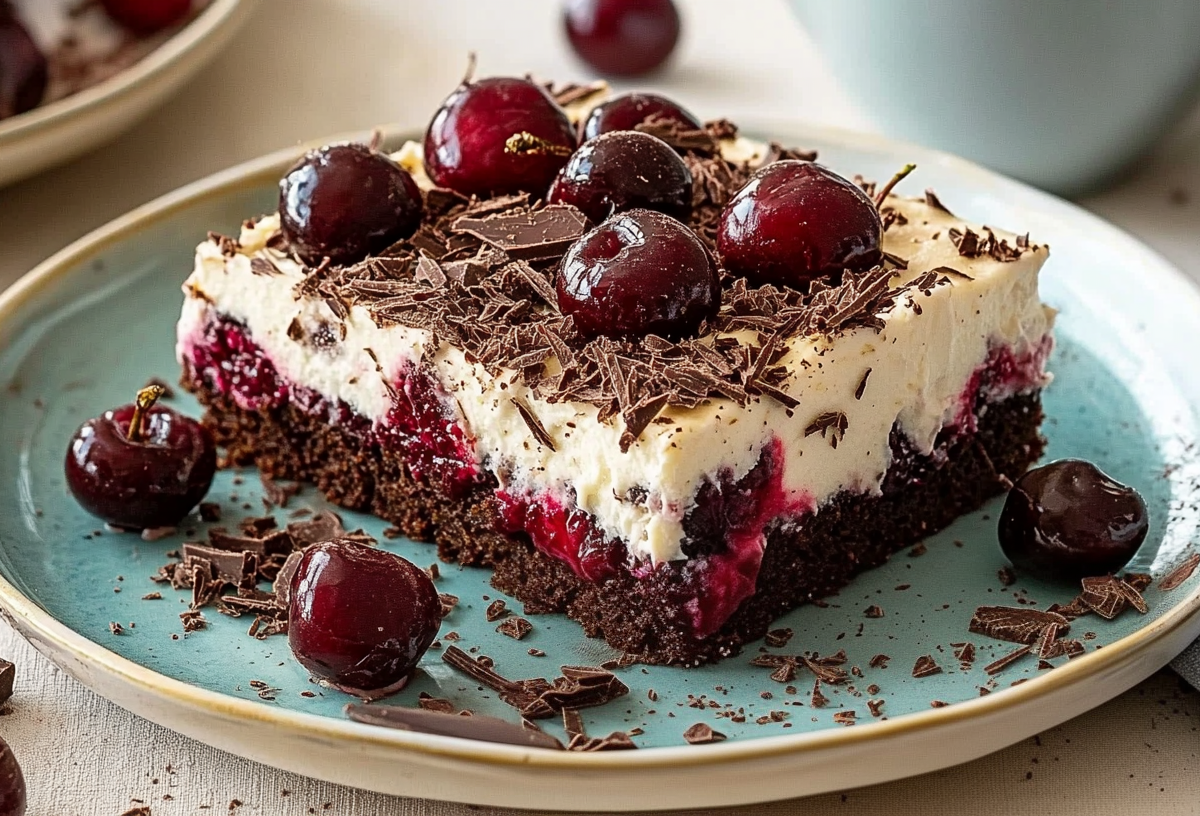 Ein Stück Schwarzwälder Kirschtorte vom Blech auf einem Teller, garniert mit Kirschen.