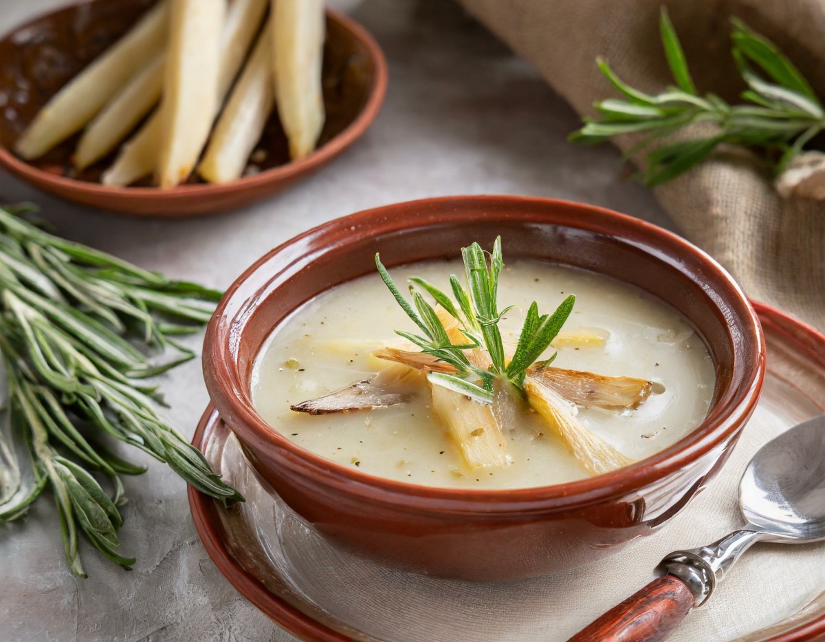 Schale mit Schwarzwurzel-Cremesuppe, Schwarzwurzeln und KrÃ¤uter daneben